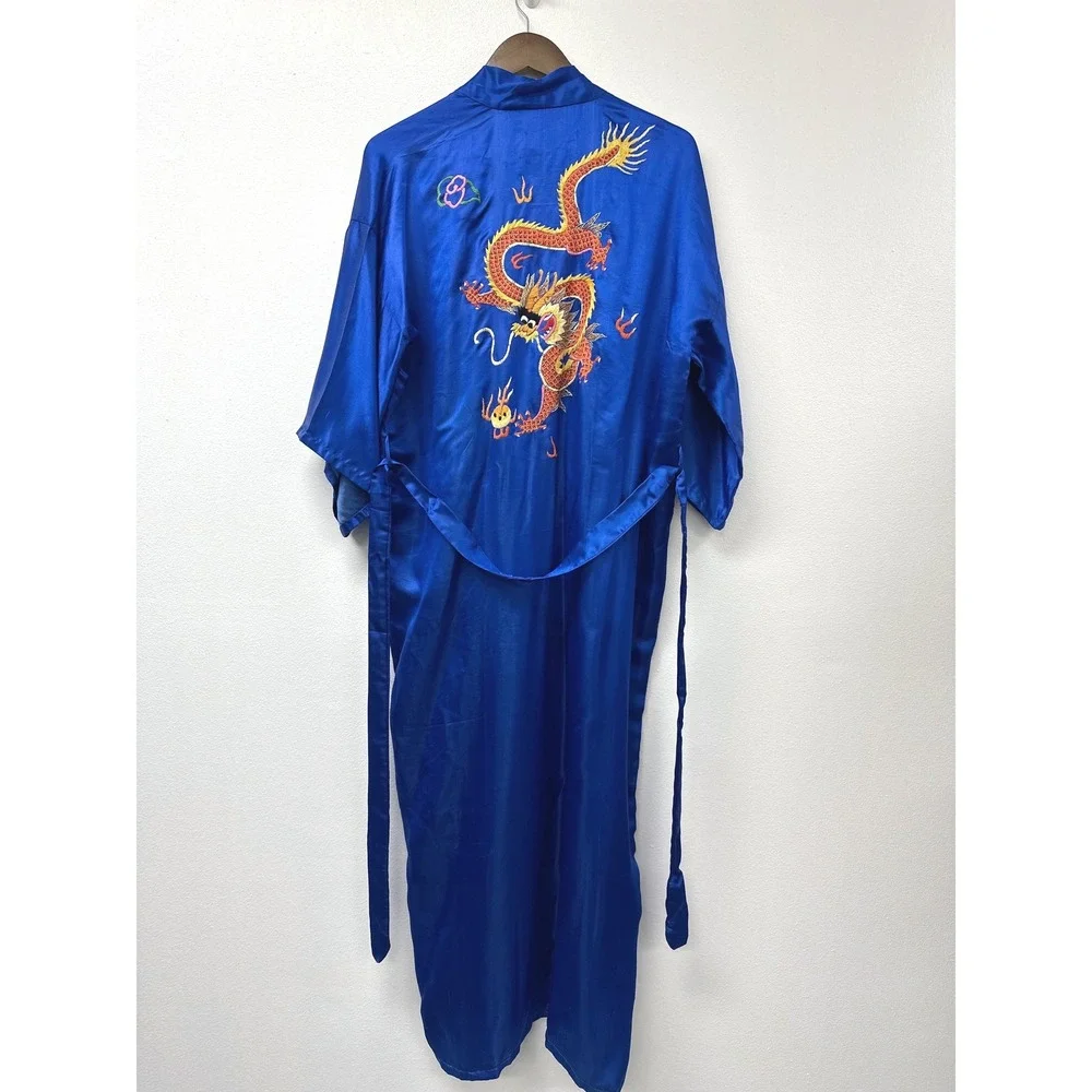 Vintage Golden Dragon Embroidered 100% Silk‎ Robe Blue L
